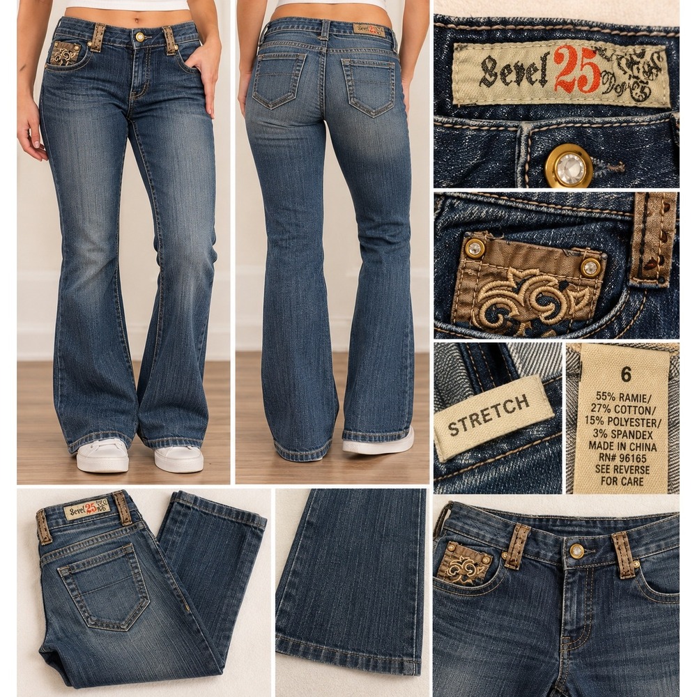 Level 25 Y2K Women Dark Wash Flare Jeans Size 6 Embroidered Stretch Denim